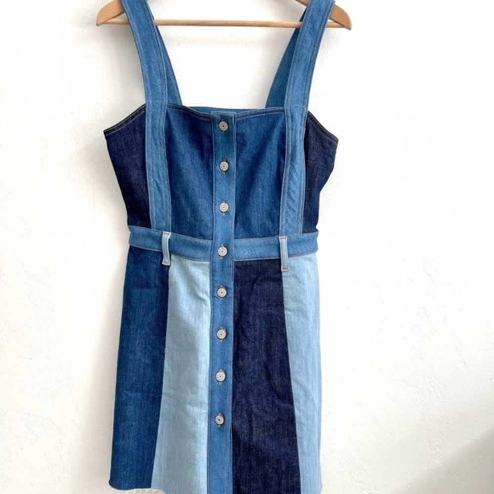 NWT 7 Seven Patchwork Blue Denim Jean Dress Button Jumper Festival Summer Boho